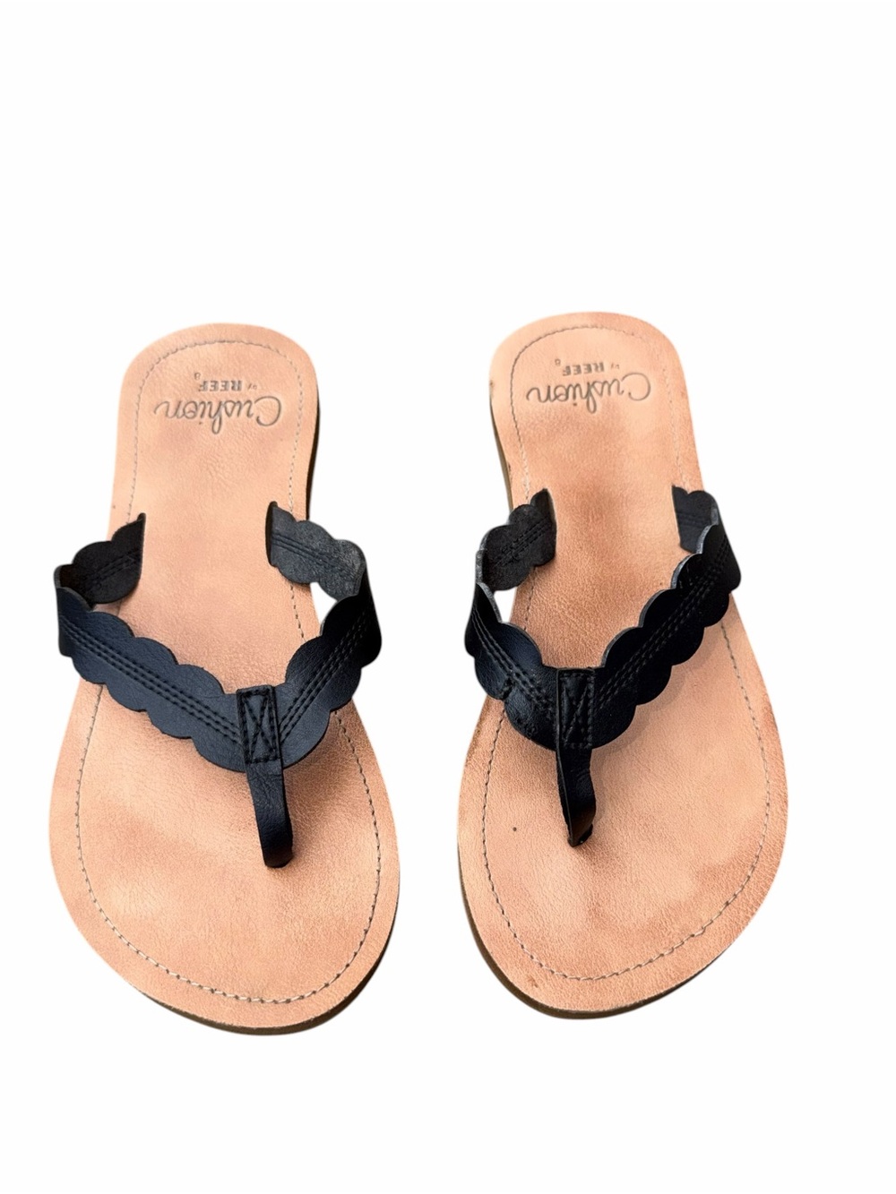 Reef Cushion Black Scalloped Strap Flip Flop Sandals
Size 8